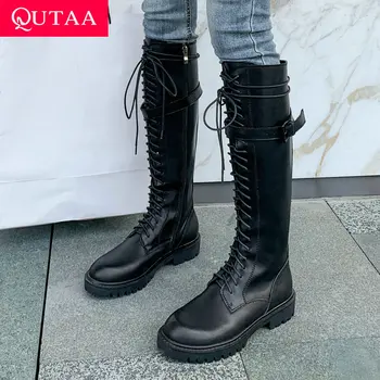 

QUTAA 2020 Round Toe Fashion Buckle Zipper Lace Up Knee High Boots Genuine Leather Comfort Middle Heel Women Shoes Size 34-39