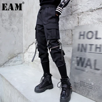 

[EAM] High Elastic Waist Black Long Pocket Split Trousers New Loose Fit Pants Women Fashion Tide Spring Autumn 2020 1M674