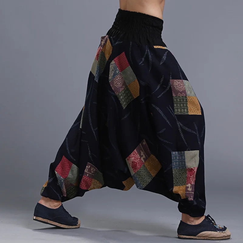 Men Harem Pants Casual Chinese Style Vintage Baggy Drop Crotch Elastic Waist Men Joggers Sweatpants Cotton Trousers Plus Size