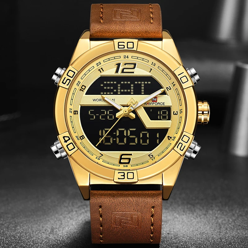 NAVIFORCE Luxury Gold Watches For Men Leather Band Waterproof Digital Alarm Sport WristWatch Man Military Dual Time Quartz Clock