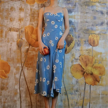 

Blue Women Sling Midi Dress Daisy Flowers Print Sexy Sexy High Waist Summer Dresses Female Sundress Robe