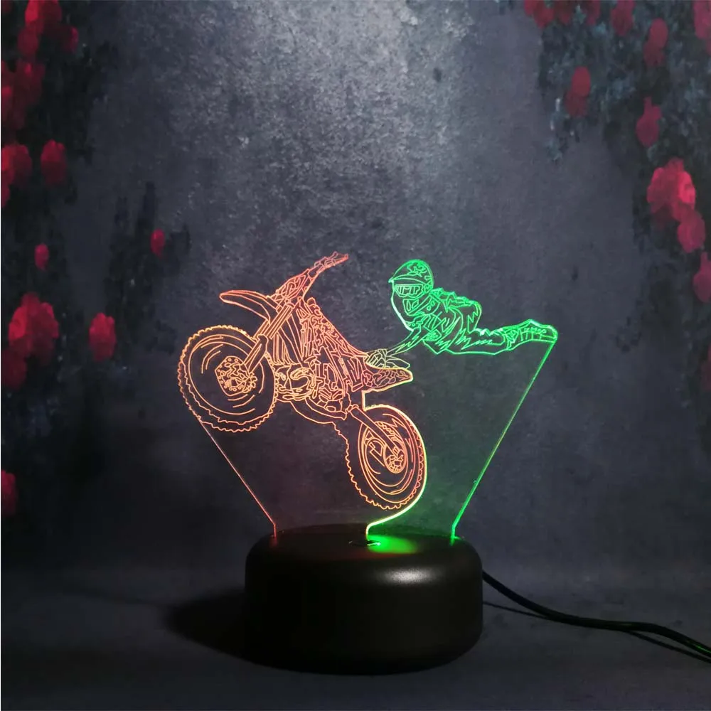 Супер крутой мотоцикл летающий человек креативный 3D USB Иллюзия ночник подростковый мальчик как гоночный художественный Декор Смешанные многоцветные настольные лампы