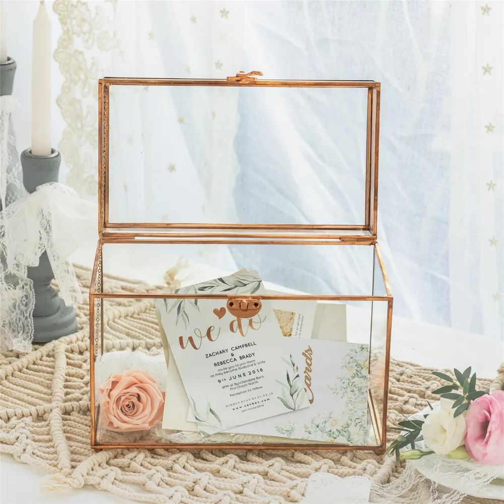Pure Copper Medium Geometric Glass Card Box Terrarium Foot Latch Rose Gold Handmade Rectangular for Wedding Receiption Wishwell