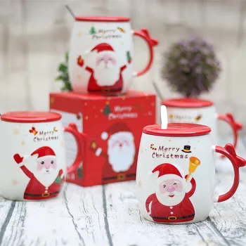 

W&G 2021 Christmas Ceramic Cup Gift Mug With Lid Spoon Water Cup Santa Claus Ceramic Mug Coffee Milk Juice Cup Happy New Year
