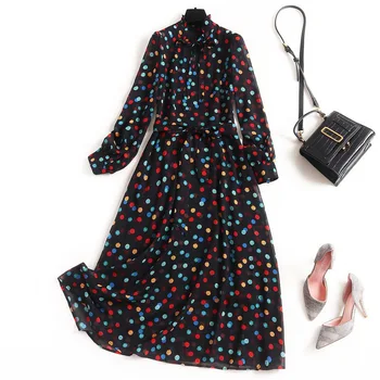 

Rainbow color polka dot dress new 2020 spring summer ruffles bow tie sashes waist long sleeve chiffon midi black dresses red
