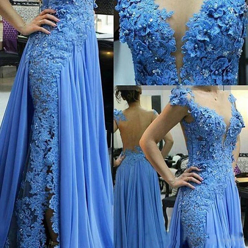 Скромный дизайн голубого цвета Русалка Вечерние платья Воротник Sheer Jewel кепки рукава кружевное с аппликацией из бусин шифон Формальные Вечерние платья для выпускного вечера