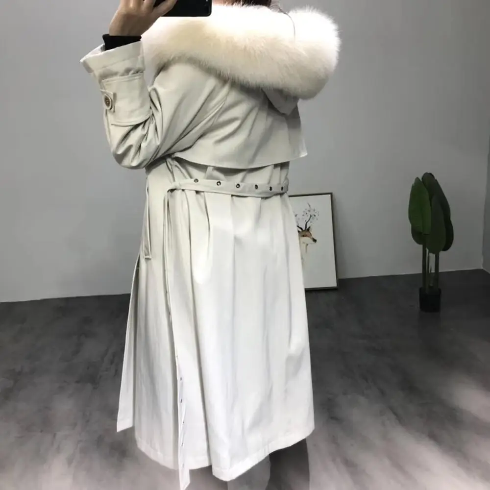 Beige Parka Real Fur Thicken Female Real Rabbit Fur Liner Long Trench Coats Winter Jacket Women Fox Fur Collar Parkas - Color: Beige