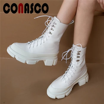 

CONASCO Fashion Motorcycle Boots Lace-Up Ankle Boots For Women Genuine Leather Shoes Woman Autumn Winter Platforms Martin Boots