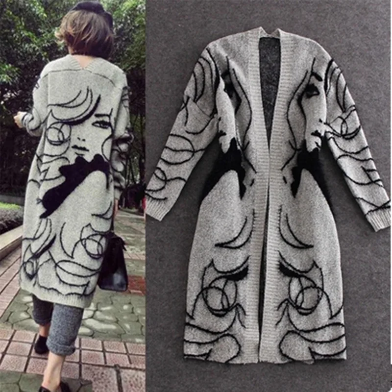 

Spring and Autumn Abstract Pattern Loose Bat Sleeves Thick Mid-length Sweater Coat Women