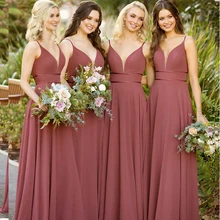 

Burgundy Bridesmaid Dresses V-Neck Spaghetti Straps Sleeveless Floor Length Elegant Simple Long Chiffon Wedding Party Gowns