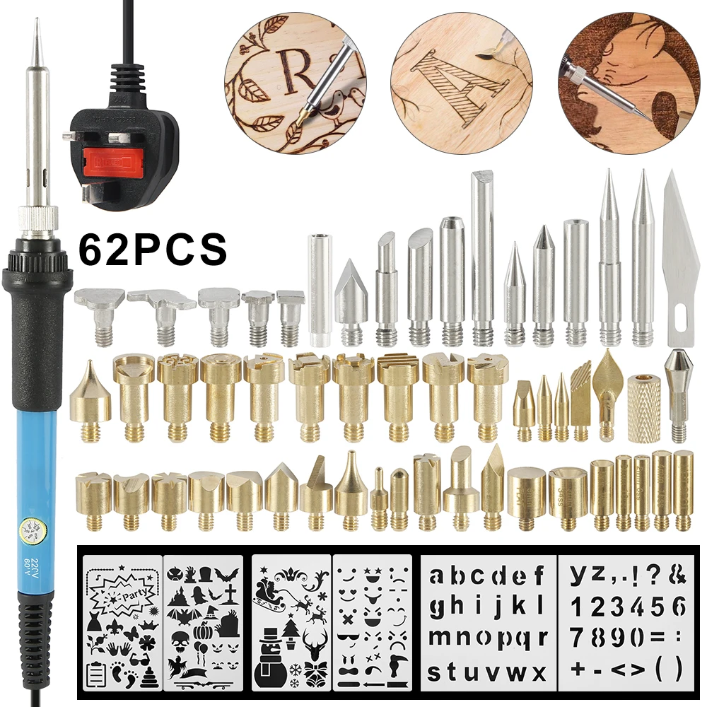 

Wood Burning Kit Carving Pyrography Pen Kit 60W Adjustable Temperature Soldering Iron Welding Wood Embossing Burning set