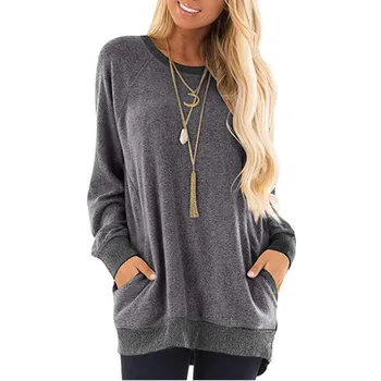 

Women Long Sleeve Autumn Sweatshirts Solid Color O-Neck Patchwork Loose Tops Sweatshirt Female Streetwear Plus Size Sweatshirt