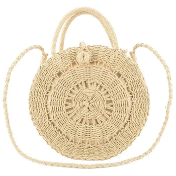 

Round Straw Shoulder Bag For Women Weave Crossbody Bag Top Handle Handbag Summer Beach Purse, Hollow