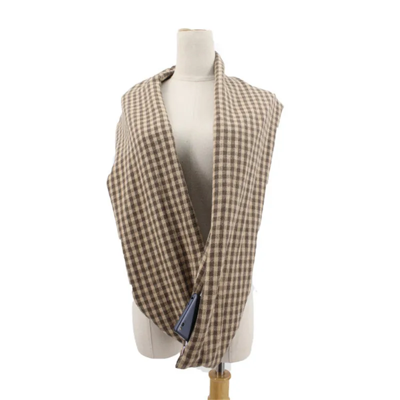 Зимний клетчатый шарф с карманом, вязаный, теплый, для путешествий, для женщин и мужчин, накидка с потайным карманом на молнии, бесконечность