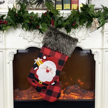 

Christmas Plaid Stockings Santa Claus Deer Snowman Pattern Knit Border Gift Candy Bag Hanging For Christmas Gift Children Kids