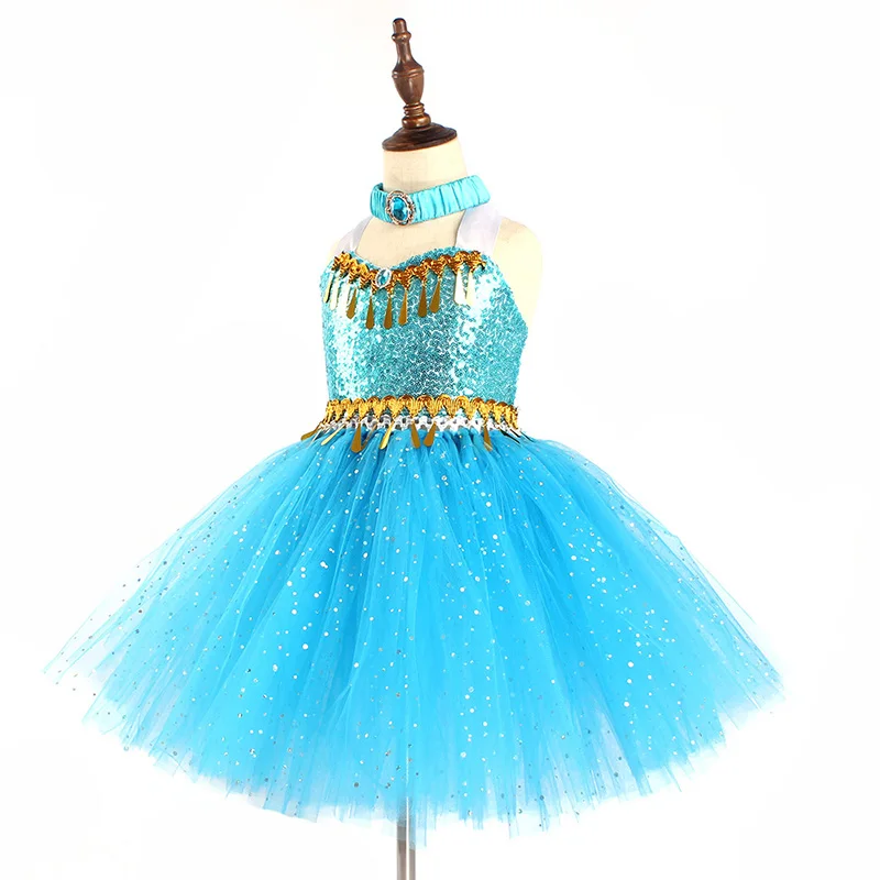 Aladdin Jasmine Girls Tutu Dress Headband Outfit Kids Birthday Party Pageant Sparkly Tulle Fancy Dress Sequins Children Clothes (15)