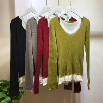 

Women Sweater Round Neck Solid Color Long Sleeve Vertical Knit Wool Bottom Sweater