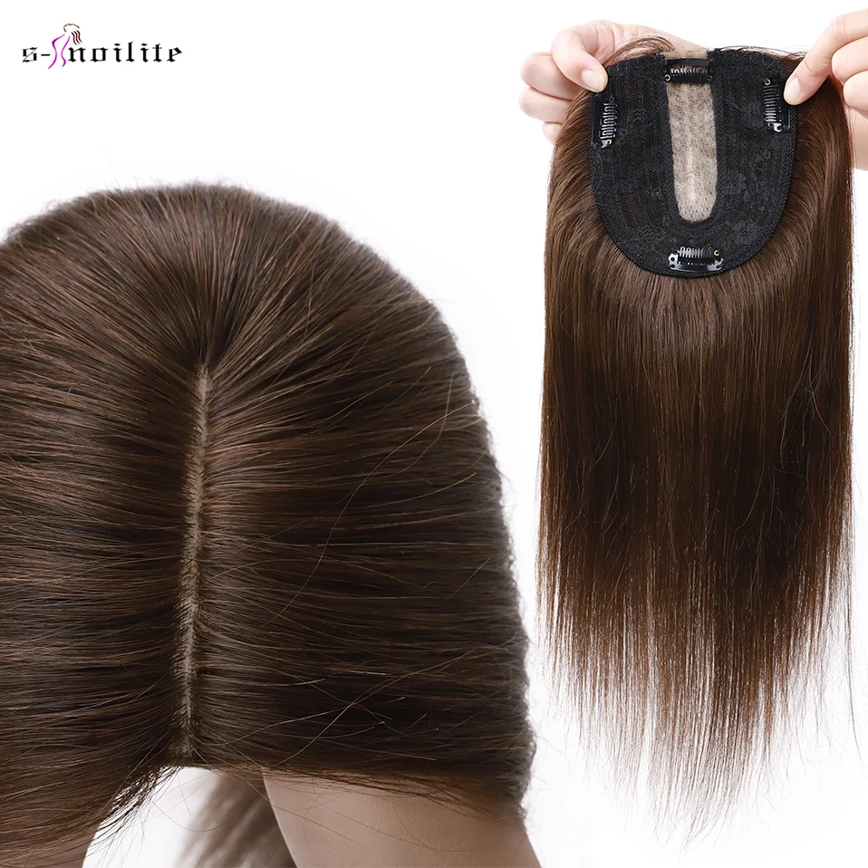 S-noilte-extensiones de cabello humano liso para mujer, 10x12cm, Mono Base de seda, Clip en negro y marrón