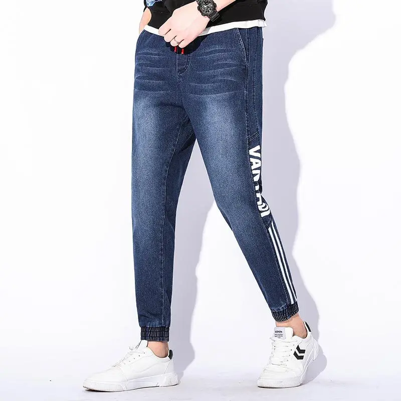 

Men Pockets Solid Casual Ankle Length Slim Denim Pants Side Stripe loose Streetwear Letter Printed Pencil Jeans 2019 New