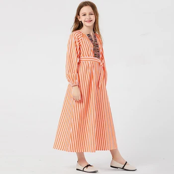 

Muslim Girls Dress Striped Embroidery Lace-up Moroccan Dresses Children Kids Kimono Islamic A-line Vestidos Kaftan Abaya Elbise