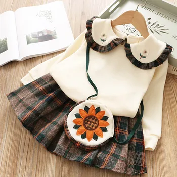

Autumn Winter Children's Leopard Sweater Skirt Two Piece Suit Woollen Clothing Set Long Sleeve Kids Girls Clothes Knit Top Coat