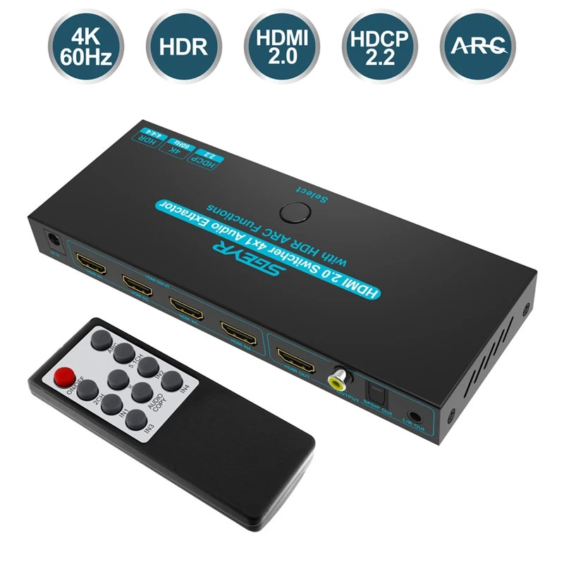 

HDMI Switch Switcher 4x1HDMI Audio Extractor 3D ARC Audio With Optical SPDIF & L/R Audio Out HDMI Switch Remote For PS4 Apple TV