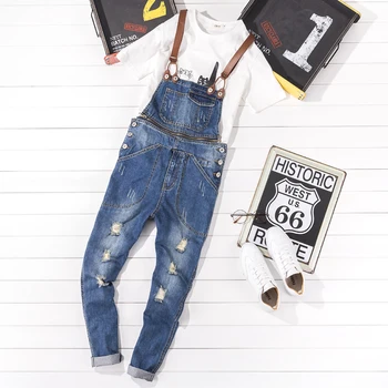 

New Japanese men's denim overalls trendy hole jeans slim blue old distressed suspenders