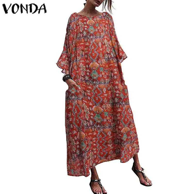 Женское платье VONDA, винтажное, 3/4, с расклешенными рукавами, с принтом Макси, длинное платье, весенне-летний сарафан, повседневные, свободные, вечерние платья S-5XL