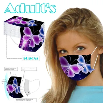 

50pcs Disposable Butterfly Print Mask Adult printed mask Breathable Dust-proof Earloop Face Mouth Masks Dust-proof Mascarilla