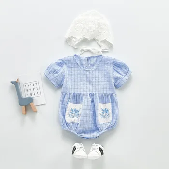 

2020 Summer Baby Girl Plaid Embroidery Short Sleeve Cotton Romper Hat Cute Newborn Clothes Toddler Girls Princess Party Jumpsuit