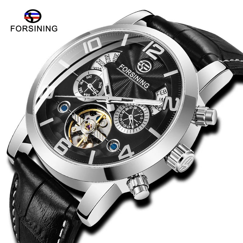 

FORSINING Men Automatic Mechanical Watch Silver Black Case Leather Strap White Dial Date Day Year Month Display Luminous Clock