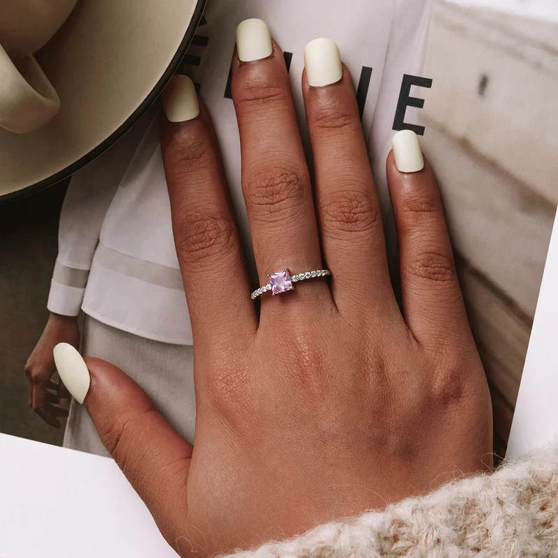 Elegant 925 Sterling Silver Sakura-Pink Halo Ring with Shining Square Zircon