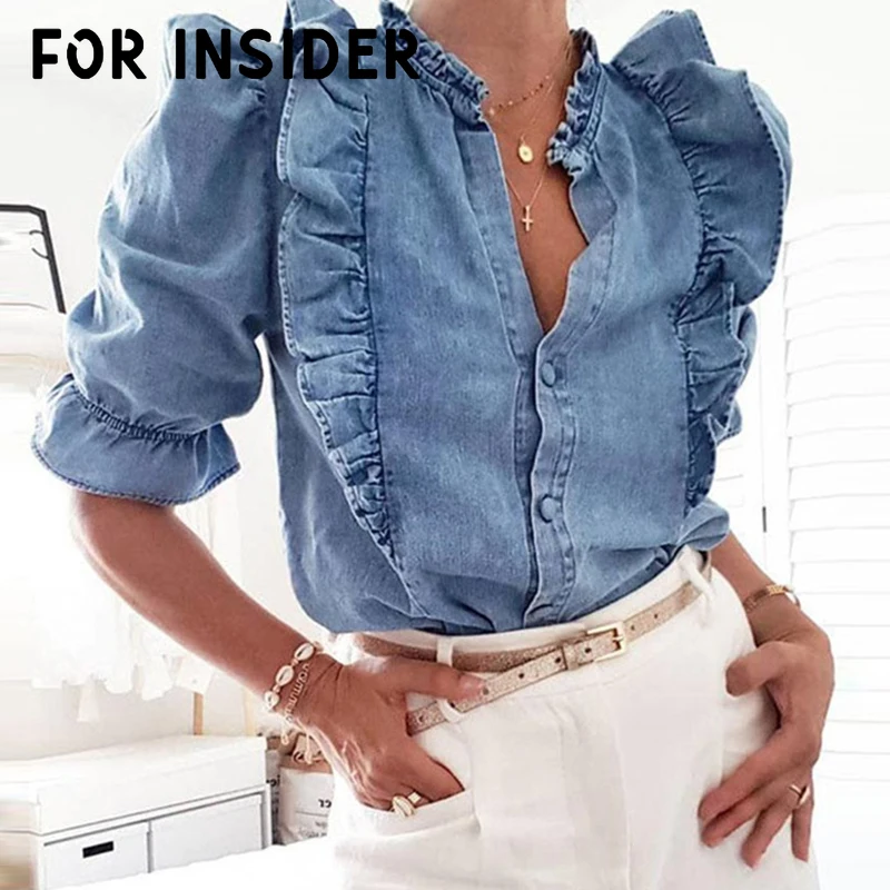 

For Insider Casual ruffles blue denim blouse shirt Women button blouse tops blusas mujer O neck short sleeve autumn winter top