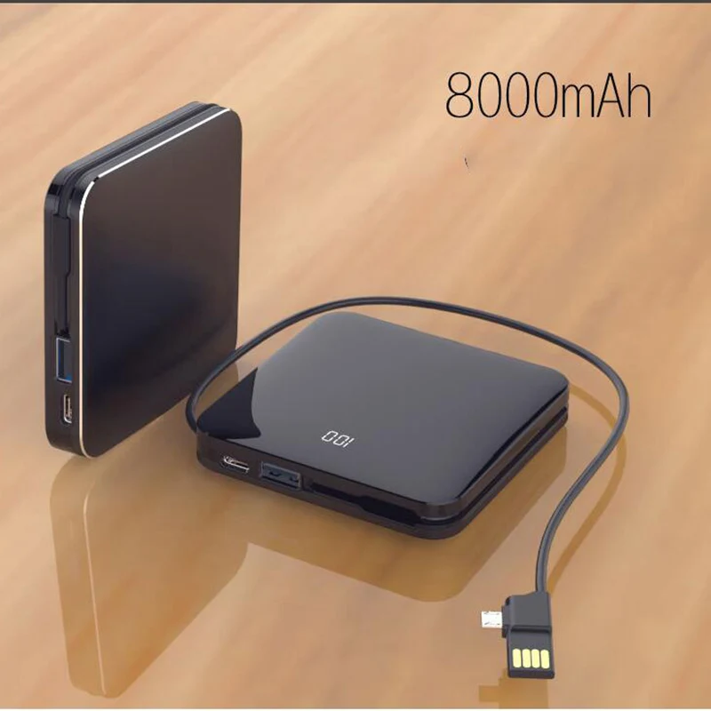 black with cable 8000 мА/ч мини внешний аккумулятор тонкий зеркальный экран 2.1A Быстрая зарядка 3 в 1 Встроенная линия портативное зарядное устройство для xiaomi iphone - Цвет: black with cable