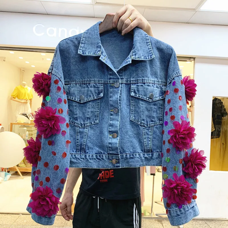 

2019 autumn new three-dimensional flower sequins denim jacket fashion short coat female