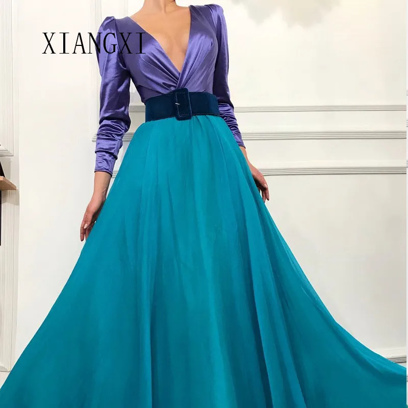 

Simple Muslim Evening Dresses 2019 Deep V-Neck Full Sleeves Floor Length Prom Dress Long Evening Dress Vestido De Festa