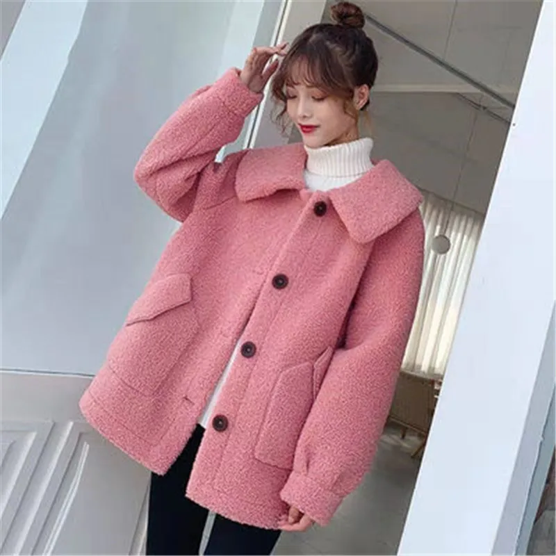 Pink Новинка, зимнее женское пальто большого размера из овечьей шерсти, толстое меховое пальто, корейское Свободное пальто из флиса, высококачественные модные короткие топы 851 - Цвет: Pink