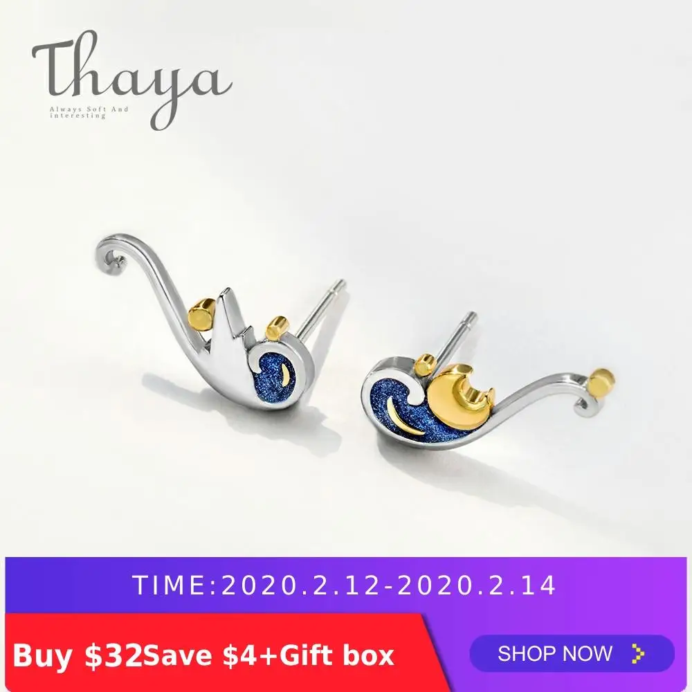Goede Thaya 925 Zilveren Oorbellen Van Gogh S Glitter Gold Moon Star Stud Oorbellen Bohemian Vintage Emaille Party Sieraden Voor Vrouwen