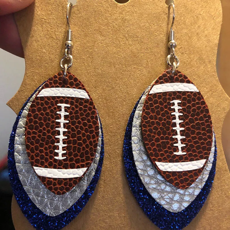 

Three Layer Football 3D Glitters Sequins Faux Leather Teardrop Earrings Color Layered School Spirit Earrings Cheer Sport Jewelry