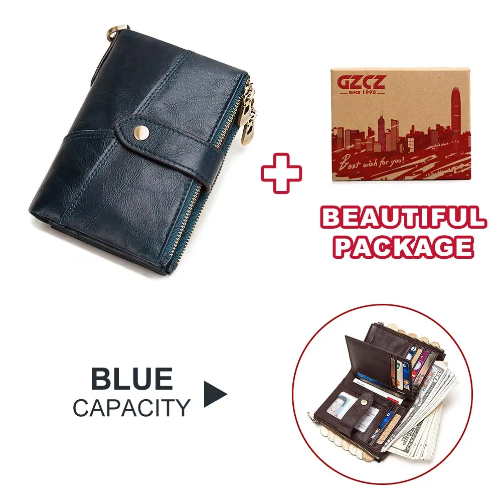 Genuine Leather Women Wallet GZCZ Casual Men Wallet Women Long Wallet In Women`s Wallet and Purses Retro Rfid Women Short Wallet - Цвет: 889-blue-box