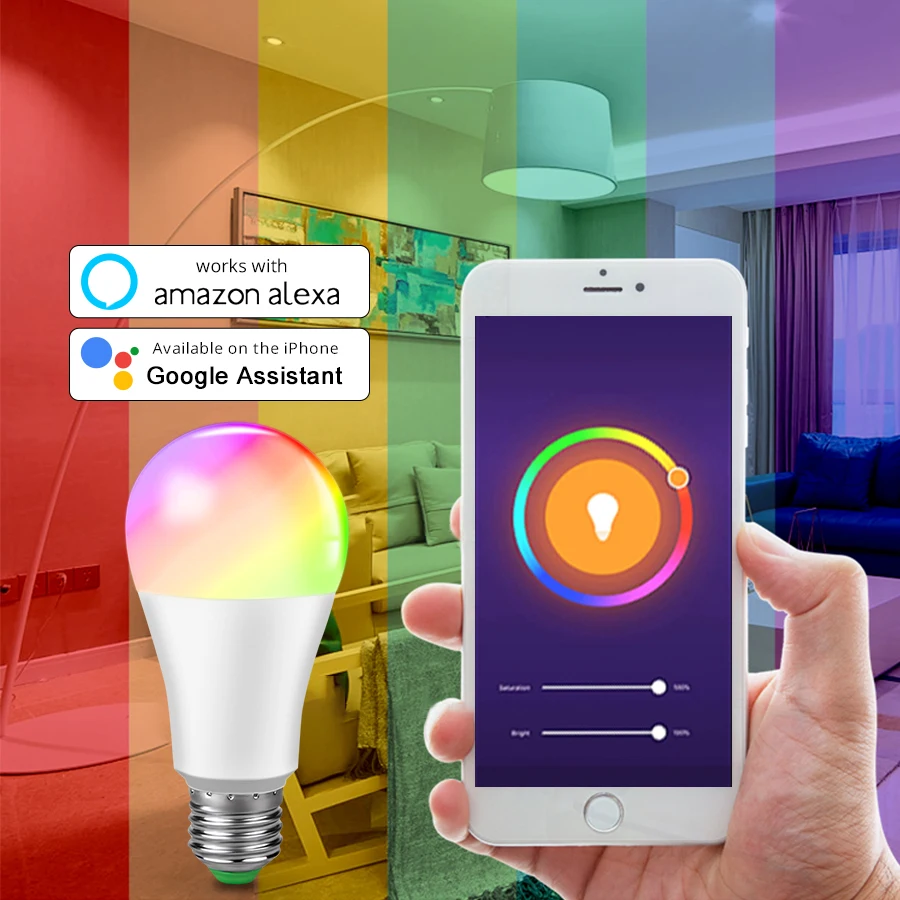 RGB 15 Вт светодиодный Wifi светильник E27 E14 B22 RGB праздничный светодиодный светильник с регулируемой яркостью AC 85 V-265 V управление через приложение работа с Alexa Google Assistant