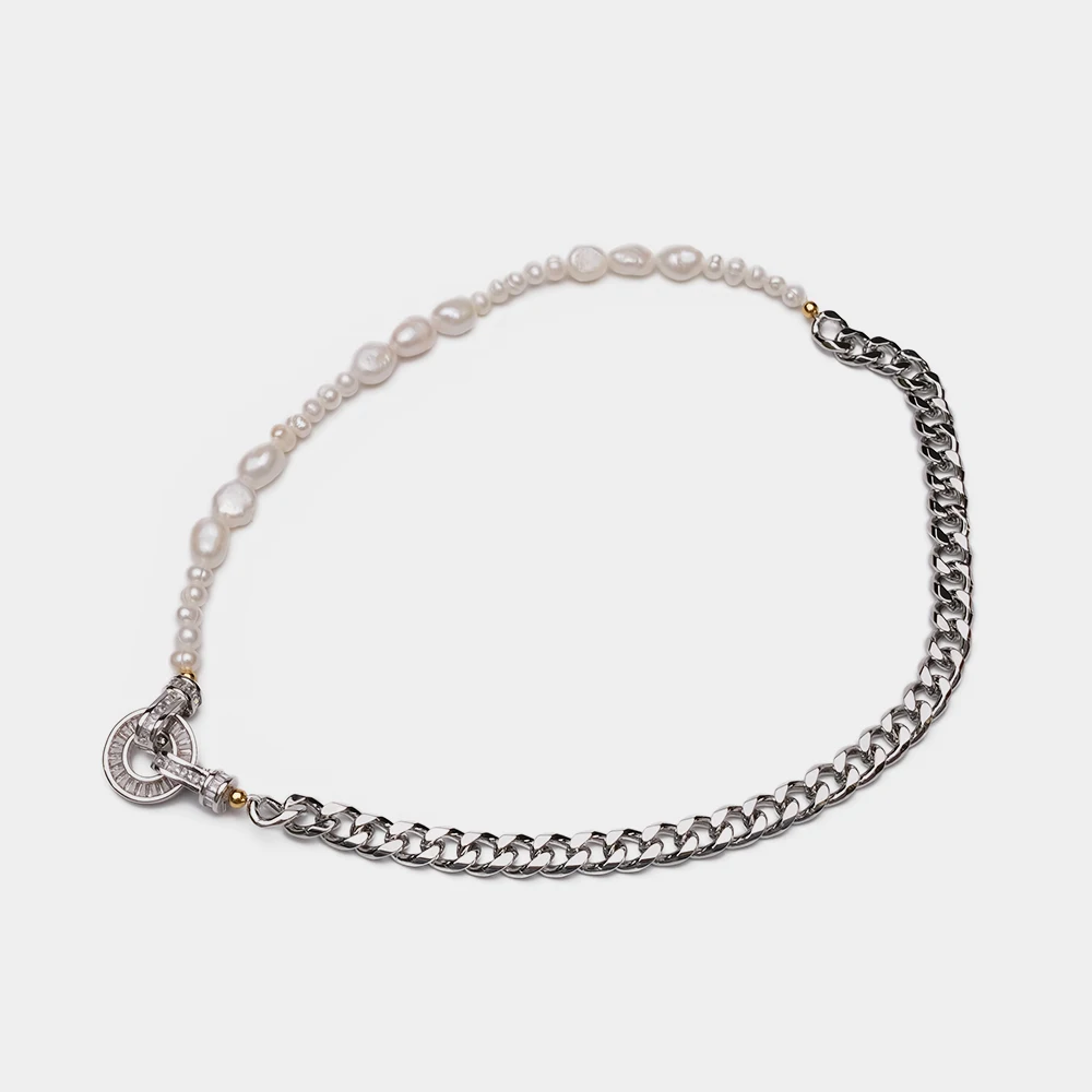Amorita boutique fashion Natural pearl chain stitching design metal necklace
