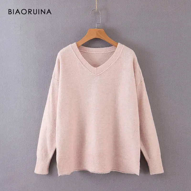 BIAORUINA, 4 цвета, Женский Повседневный однотонный вязаный свитер, Женский минималистичный пуловер с v-образным вырезом в Корейском стиле, свободный модный свитер - Цвет: Розовый