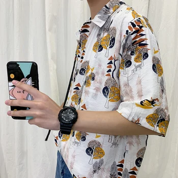 

2020 Summer New Youth Pop Full-print Single-breasted Short-sleeved Shirt Fashion Casual Wild Loose Top White / Yellow/Army Green