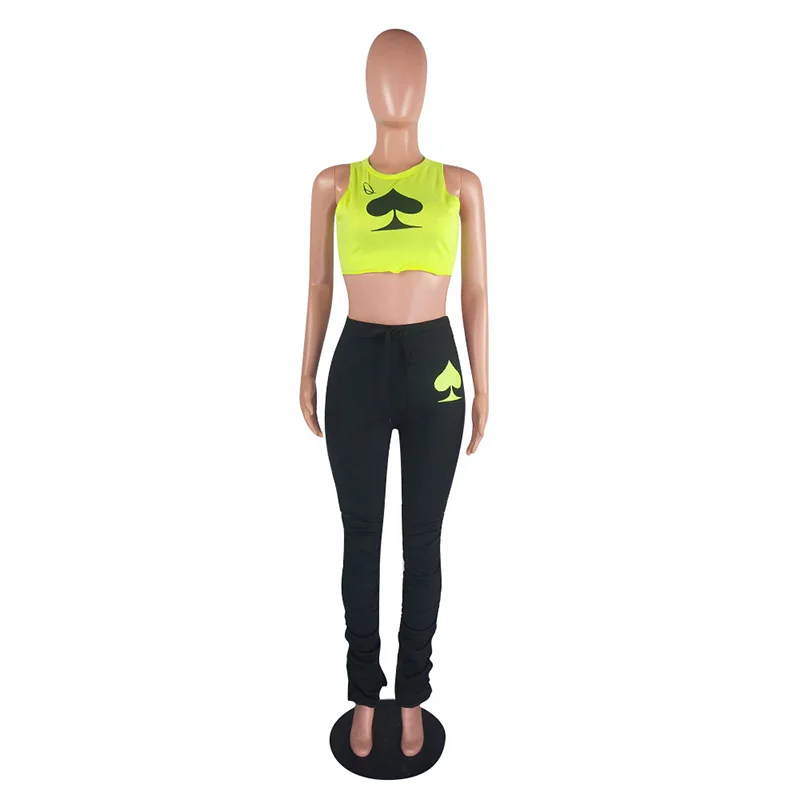 Kricesseen Sexy Black Poker Printed Two Piece Pant Set Women Sleeveless Tank Top And Long Pant Suits Matching Set Outfits