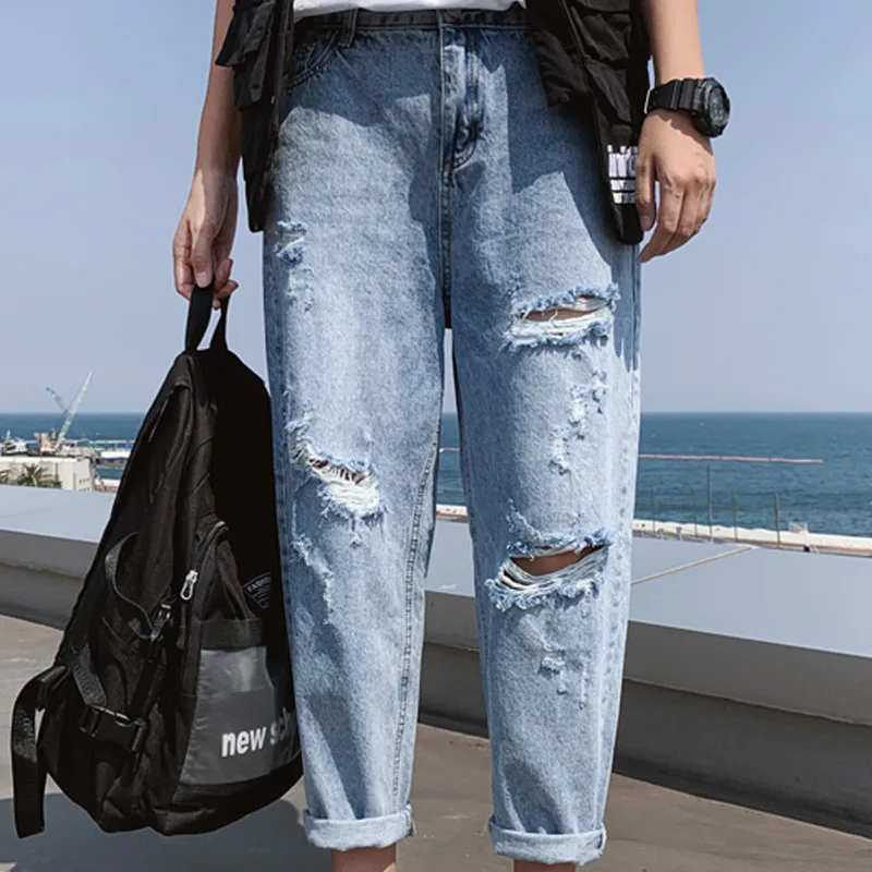 Great Value Summer Jeans Men's Fashion Washed Solid Color Casual Ripped Jean Pants Men Streetwear Wild Loose Hip Hop Denim Trousers Mens