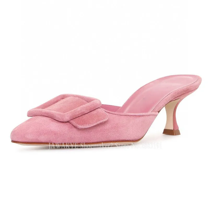 Square Buckle Runway Mules Women Slides Summer Suede Pointy Toe Thin High Heels Ladies Dress Slippers Real Leather Party Shoes