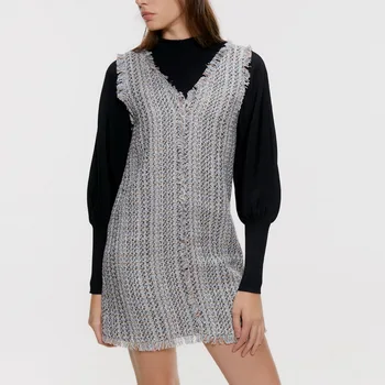

2019 WOMEN'S ZA ACTUMN AND WINTER TWEED DRESS TASSELS MINI DRESSES V-NECK SLEEVELESS VEST FOR GRILS XS S M L