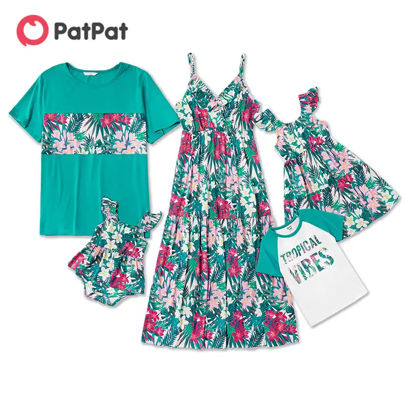 Patpat 2020 New Summer Mosaic Family Matching Floral Tank Sleeveless Dresses Turquoise Color T Shirts Family Look Sets Matching Family Outfits Aliexpress