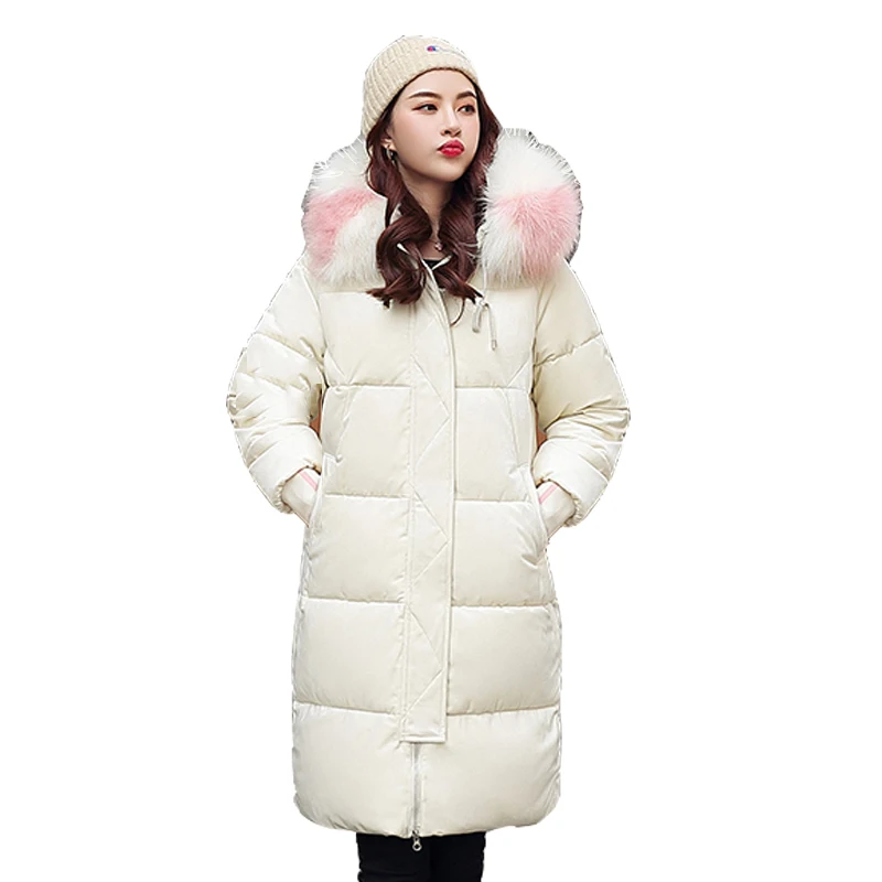 Бархат Новое поступление зимняя куртка женская теплая Утепленная зимняя одежда Женская парка с капюшоном с мехом высокое качество женское длинное пальто - Цвет: Бежевый